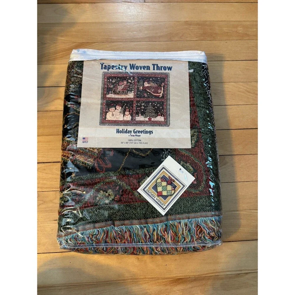 New nwt tapestry woven throw cotton fringe christmas Susan winget USA blanket